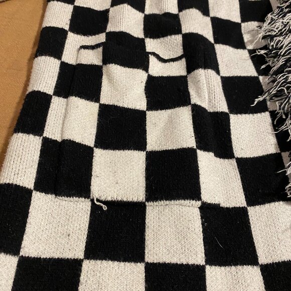 Dressed in Lala - Luxe Fringe Blanket Cardigan in Black + White Check S/M - Picture 4 of 5